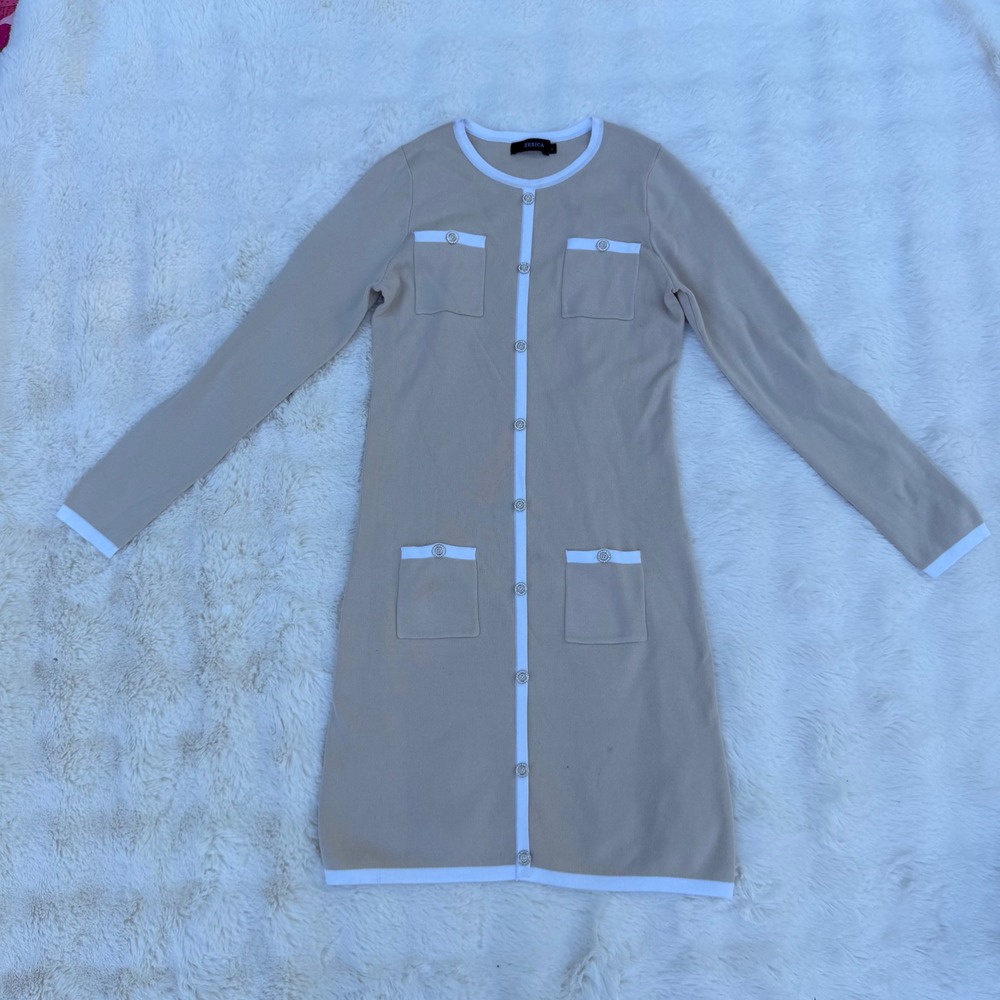 ZESICA Tan White Knit Button Front Midi Dress Rhinestone Buttons Preppy Small - Picture 1 of 8